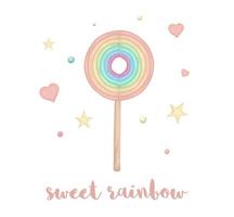 schattige vectorillustratie van aquarel stijl regenboog lolly met hartjes en sterren geïsoleerd op een witte achtergrond. foto met eenhoornthema om af te drukken, banner, kaart of textielontwerp. vector