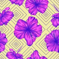 vector naadloze geometrische patroon met heldere paarse hibiscus bloemen op gele achtergrond. herhaal tropische achtergrond. trendy exotisch junglebehang.