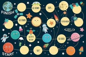 ruimte bordspel voor kinderen. educatieve kosmische reis bordspel. puzzel met planeten, zon, aarde, ufo, alien, raket, sterren