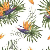 vector naadloze patroon van groene tropische bladeren met strelitzia bloemen geïsoleerd op een witte achtergrond. zomer of lente herhaal tropische achtergrond. trendy exotisch jungle-ornament.