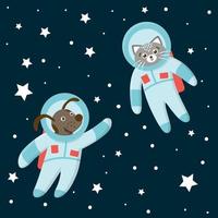 vector grappige astronaut kat en hond in de ruimte met planeten en sterren. schattige kosmische illustratie voor kinderen op blauwe achtergrond