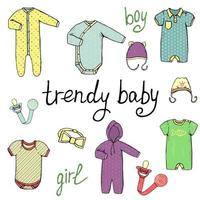 vectorillustratie van babykleding. trendy babykleertjes set. kindermode collectie. stijlvolle kleding en accessoires voor kinderen geïsoleerd op een witte achtergrond vector