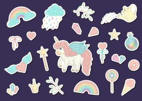 vector set schattige aquarel stijl stickers met eenhoorns, regenboog, wolken, donuts, kroon, kristallen, harten. lieve meisjesachtige illustratie. sprookje herhalen achtergrond. goed voor textiel, briefpapier