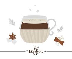 vectorillustratie van koffie in mok met gebreide houder geïsoleerd op een witte achtergrond. traditionele winterdrank. vakantie warme drank met suiker, anijs, kaneel. vector