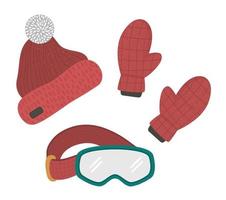 vector kleding set voor wintersportactiviteiten. collectie kledingstukken voor koud weer. vlakke afbeelding van warme muts, handschoenen, bril voor snowboarden, skiën, schaatsen.