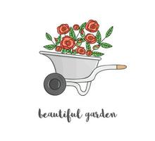 vectorillustratie van kleurrijke tuin kruiwagen met bloemen. cartoon stijl lente of zomer foto geïsoleerd op een witte achtergrond. tuinieren thema concept. vector