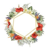 vector frame sjabloon met tropische bladeren en bloemen, gouden ketting met witte plek voor tekst. vierkante lay-outkaart met plaats voor tekst. lente of zomer ontwerp voor uitnodiging