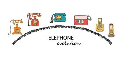 vectorillustratie van telefoon evolutie. vector vintage communicatiemiddelen set. retro collectie bedrade telefoon met draaischijf, radiotelefoon.