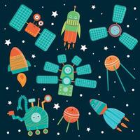vector set ruimtetechnieken voor kinderen. heldere en schattige platte illustratie van ruimteschip, raket, satelliet, ruimtestation, rover op donkerblauwe achtergrond