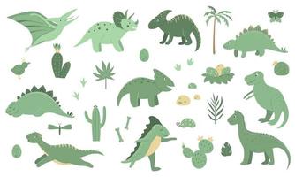 vector set schattige groene dinosaurussen met palmbomen, cactus, stenen, voetafdrukken, botten voor kinderen. dino platte cartoon karakter achtergrond. leuke prehistorische reptielenillustratie.