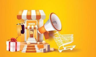 online winkelen op telefoon kopen verkopen bedrijf digitale webbanner toepassing geld reclame betaling e-commerce vectorillustratie zoeken
