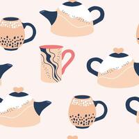 naadloos patroon met modern thee cups en theepot. schattig gerechten verschillend vormen en ornamenten Aan beige achtergrond. vector