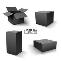 kartonnen verpakking 3d zwarte doos en kubus set. set van open kartonnen dozen en kubus op witte achtergrond. vector