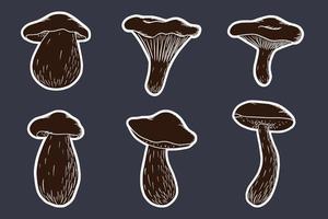 bos paddestoel silhouet sticker set. witte paddestoel, russula, boletus, cantharel. verzameling handgetekende paddenstoelen voor logo, menu, recept, print, ontwerp en decoratie vector