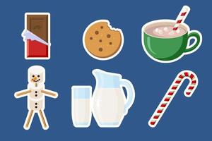 stickers voor kerstsnacks. chocoladereep, koekje, cacao, marshmallow, glas melk en kerstsnoep. wintervakantie iconen set voor begroeting en uitnodiging ontwerp en decoratie vector