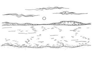 panoramisch oceaan of zee strand visie schetsen hand- getrokken illustratie van kust met water, wolken, golven, marinier motief. abstract inkt tekening, kust landschap. reis, natuur, vakantie vector