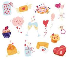 Valentijnsdag elementen collectie. harten, snoepjes, brieven, champagne, ringen, cupcakes, geschenken. sjabloon voor kaarten en bannerontwerp, stickers, wenskaarten. hand tekenen vectorillustratie.