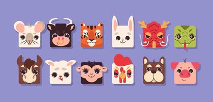 vlak Chinese dierenriem dieren element voor maanden jaar. schattig kleurrijk plein dier gezichten. app avatar icoon set, ontwerp zingt. kind verzameling hoofd vorm van huisdier symbool in China kalender. vector