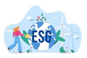 vlak esg concept van milieu en duurzaamheid in bedrijf. vrouw gieter wereldbol met bloemen, besparing aarde. meisje zorg van planeet en natuur. omgeving, ecologie en natuur bescherming. vector