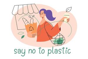 Nee plastic banier, vrouw gebruik herbruikbaar Tassen samenstelling, recycling icoon, illustratie van duurzame levensstijl, Nee plastic winkelen, milieu bescherming, nul verspilling en ecologie concept vector