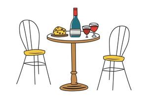 cafe tafel met stoelen, restaurant in Frankrijk, illustraties van dining in Parijs, kaas en wijn tekening, drinken bril, Frans voedsel,, geïsoleerd gekleurde clip art Aan wit achtergrond vector