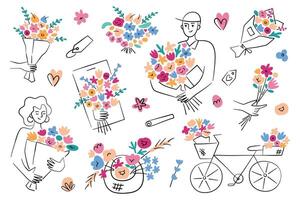 bloem levering set, composities met boeketten, illustratie van koerier Holding bloemen, online bloemist op te slaan app, smartphone met bloemen samenstelling, gelukkig vrouw met geschenk, wijnoogst fiets vector