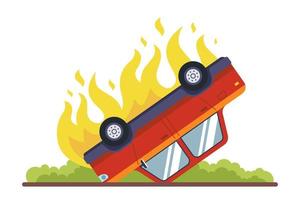 een brandende gekantelde personenauto crashte.