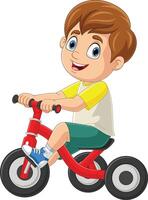 schattig weinig jongen tekenfilm rijden fiets vector