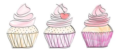 mooi cupcakes reeks of muffin verzameling in hand- getrokken tekening stijl Aan wit achtergrond vector