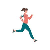 gelukkig sport- vrouw genieten van buitenshuis rennen luisteren muziek- in oortelefoons vlak illustratie vector