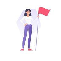 gelukkig geslaagd bedrijf vrouw Holding rood golvend vlag vieren leiderschap prestatie vector