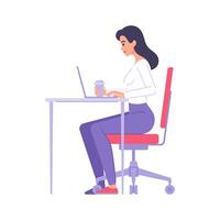 slim vrouw kantoor arbeider zittend Aan stoel Bij bureau werkruimte met koffie papier kop kant visie vector