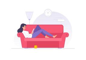 tekenfilm vrouw karakter lezing boek Aan sofa Bij huis vlak illustratie vector