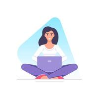 modern freelancer bedrijf vrouw werken gebruik laptop zittend in lotus positie vlak vector