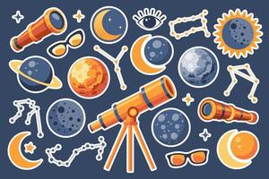 zonne- verduistering set. telescoop, verrekijker, planeten, zonne- verduistering, maan, bril. schattig illustratie voor kinderen onderwijs Bij school, stickers, scrapbooken, kinderkamer kamer. vector