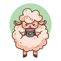 schattig schapen met een kop van thee. thee voor ontspanning. klaar naar Gaan naar bed tekenfilm kawaii stijl. schapen mascotte voor kaarten, affiches, pakket ontwerp vector