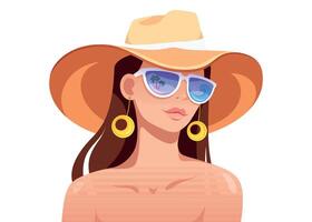 een meisje in een strand hoed en zonnebril. reflectie van de zeegezicht. zomer uitstraling. kom tot rust, reis, vrije tijd concept illustratie gemakkelijk illustratie geïsoleerd Aan wit achtergrond. tekenfilm stijl. vector