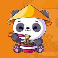 schattig panda zit en eet ramen gebruik makend van eetstokjes vector