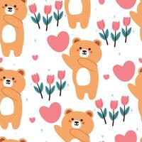 naadloos patroon tekenfilm beer met roze hart en bloem. schattig behang voor textiel, geschenk inpakken papier vector