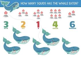 bij elkaar passen de getallen onder de zee spel met walvis aan het eten inktvis. oceaan leven wiskunde werkzaamheid voor peuter- kinderen. marinier leerzaam tellen werkblad met schattig water dieren vector