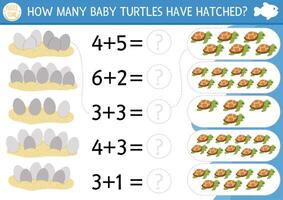 hoe veel baby schildpadden hebben uitgebroed spel. onder de zee wiskunde toevoeging werkzaamheid voor peuter- kinderen. gemakkelijk oceaan leven afdrukbare tellen werkblad voor kinderen met schattig water dieren en eieren in zand vector