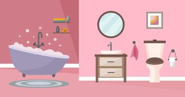 elegant badkamer in vlak stijl. accessoires shampoo, douche gel, zeep, plank, stoel, vaas, handdoek, spiegel, wasbak, verwarmde handdoek het spoor. vector