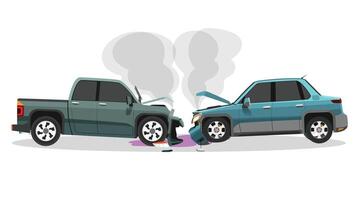 tekenfilm of illustratie van twee auto ongeluk. oppakken vrachtauto botst met sedan. kap geopend en rook kwam uit en olie gelekt. met schaduw Aan geïsoleerd wit achtergrond. vector
