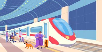 spoorweg. metro station. passagier rijtuigen Aan een platform met mensen. inclusie menselijk. dik vrouw met hond en bagage. ontmoeting. vector