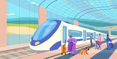 spoorweg. metro station. passagier rijtuigen Aan een platform met mensen. inclusie menselijk. reizen van een groot vrouw met een hond en bagage. ontmoeting. vector