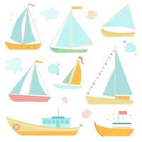 verzameling met mooi zeilboten en schepen in zacht kleuren Aan een wit achtergrond vector