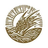 gouden circulaire zon met tarwe rijst- land- boerderij symbool illustratie vector