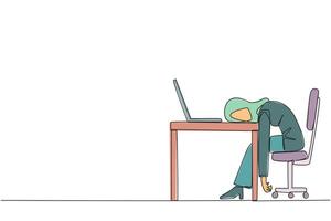 doorlopend een lijn tekening Arabisch zakenvrouw viel in slaap in voorkant van een laptop. vermoeidheid rennen een bedrijf. mentaal Gezondheid probleem. uitgeput. verveeld. single lijn trek ontwerp illustratie vector