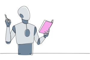 doorlopend een lijn tekening robot staand lezing boek. gebaar krijgt idee. boek kan zien van verschillend points van visie. briljant idee van lezing boek. single lijn trek ontwerp illustratie vector