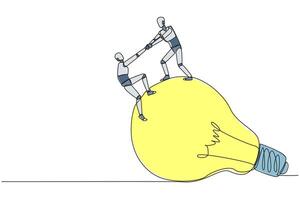 doorlopend een lijn tekening slim robot helpt collega beklimmen de groot gloeilamp. metafoor verwant naar idee. brainstorm naar bereiken de het beste briljant ideeën. single lijn trek ontwerp illustratie vector